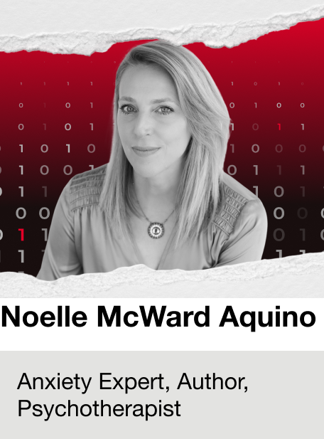 Black and white portrait of a woman with shoulder-length blonde hair, wearing a necklace, set against a digital background of binary code and red torn paper edges, with text indicating she is an anxiety expert, author, and psychotherapist.