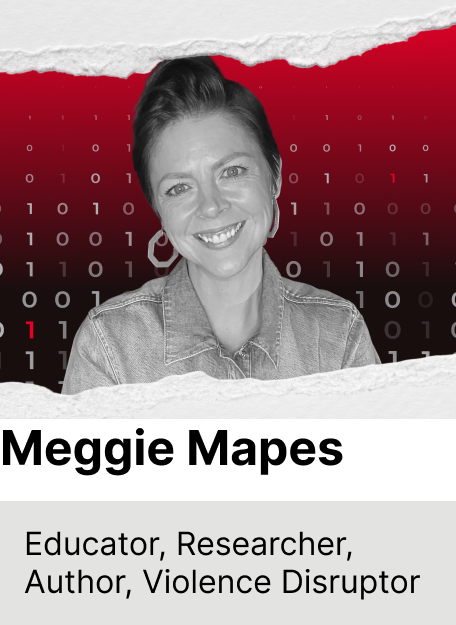 Black and white portrait of a smiling woman with short hair, wearing a denim jacket, with a digital binary code background and torn paper edges.
