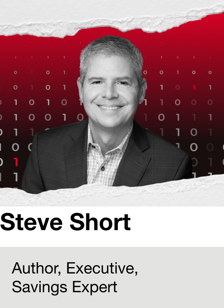 A black-and-white portrait of a smiling man in a business suit with a striped shirt, set against a digital-themed background with binary code and torn paper edges.