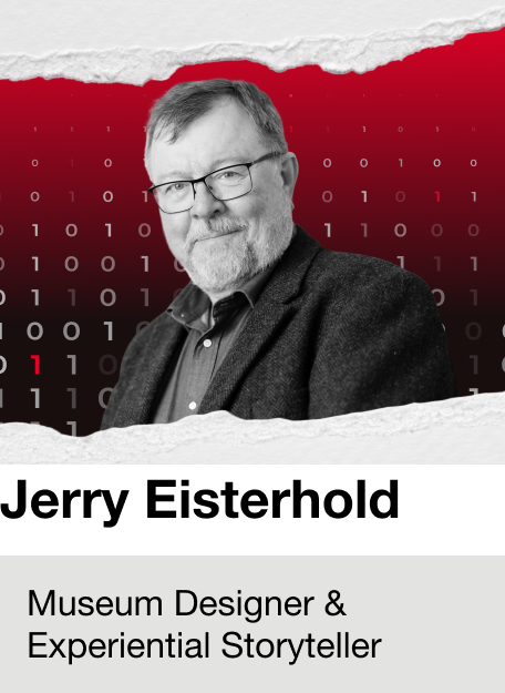 A grayscale portrait of a middle-aged man with glasses, a beard, and wearing a suit, set against a background featuring red and black binary code. Text below labels him as a Museum Designer & Experiential Storyteller.