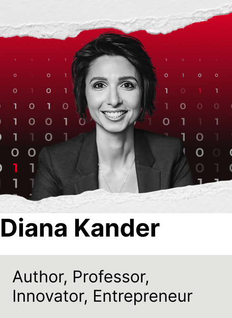 A woman smiling in front of a digital background with binary code and red accents, torn paper edges at the top and bottom, with the text "Author, Professor, Innovator, Entrepreneur" below.