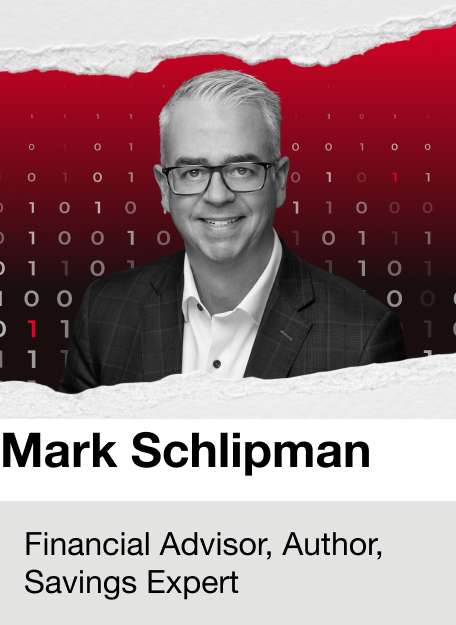 Black and white portrait of a middle-aged man with gray hair and glasses, wearing a suit jacket and white shirt, against a digital red and black binary code background.