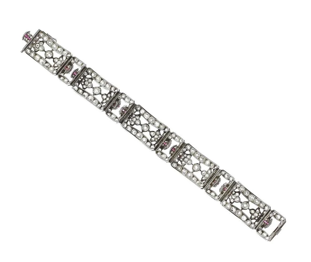 1930s Art Deco Ruby Diamond Silver Gold Platinum Bracelet- 2.jpg