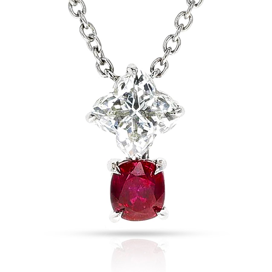 GIA Clover Shape Diamond and Oval Ruby Pendant Necklace, Platinum 1.jpg