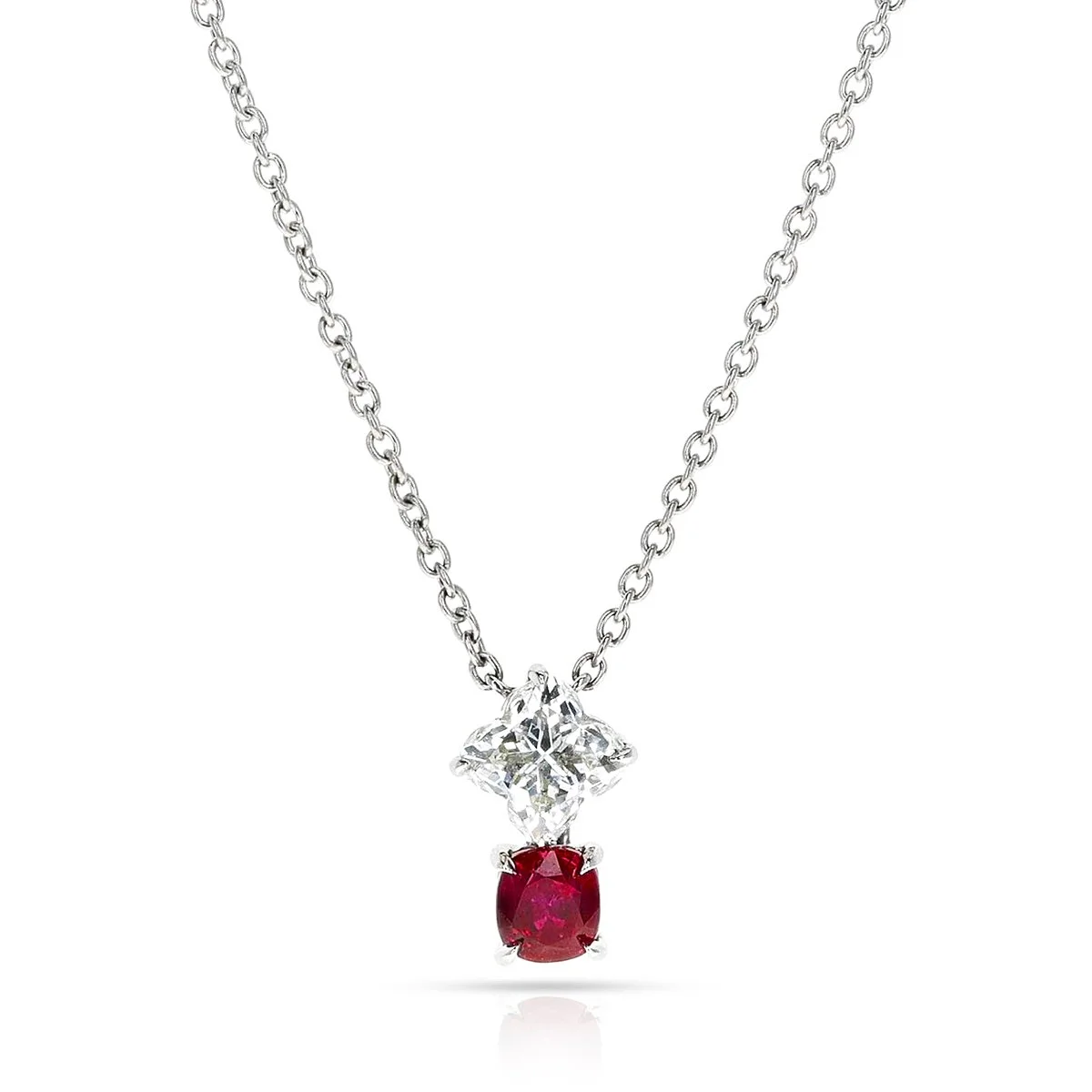GIA Clover Shape Diamond and Oval Ruby Pendant Necklace, Platinum 2.jpg