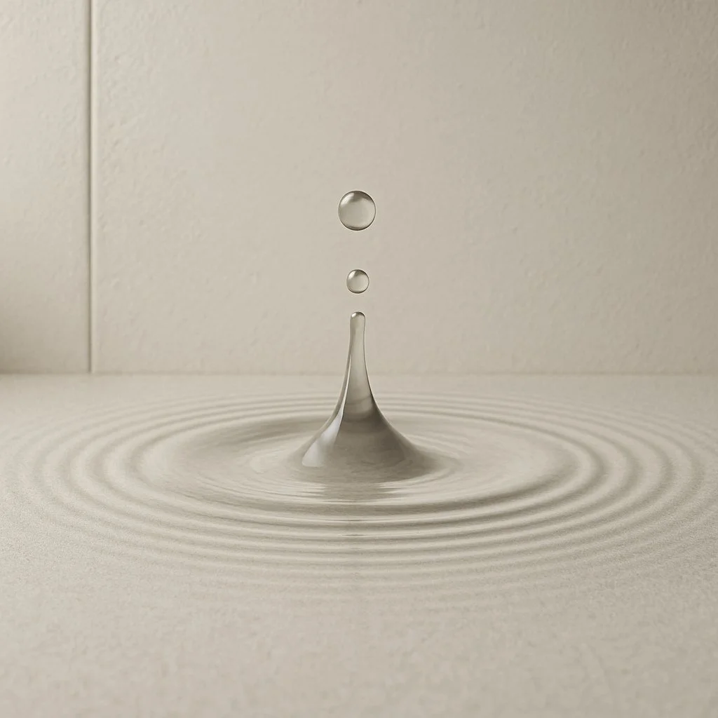 Close-up of a water droplet hitting a smooth water surface, creating ripples and a splash.