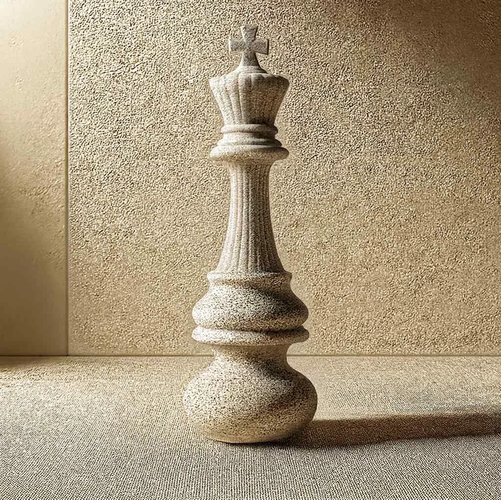 A large, carved stone chess king piece standing on a textured surface with a neutral background.