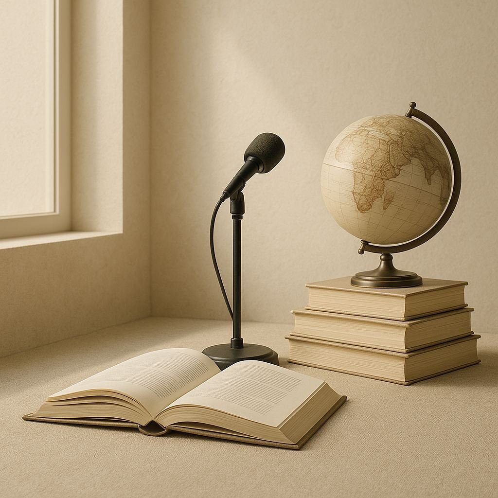 A study desk with an open book, a microphone, a stack of three closed books, a globe, and a window with sunlight coming in.