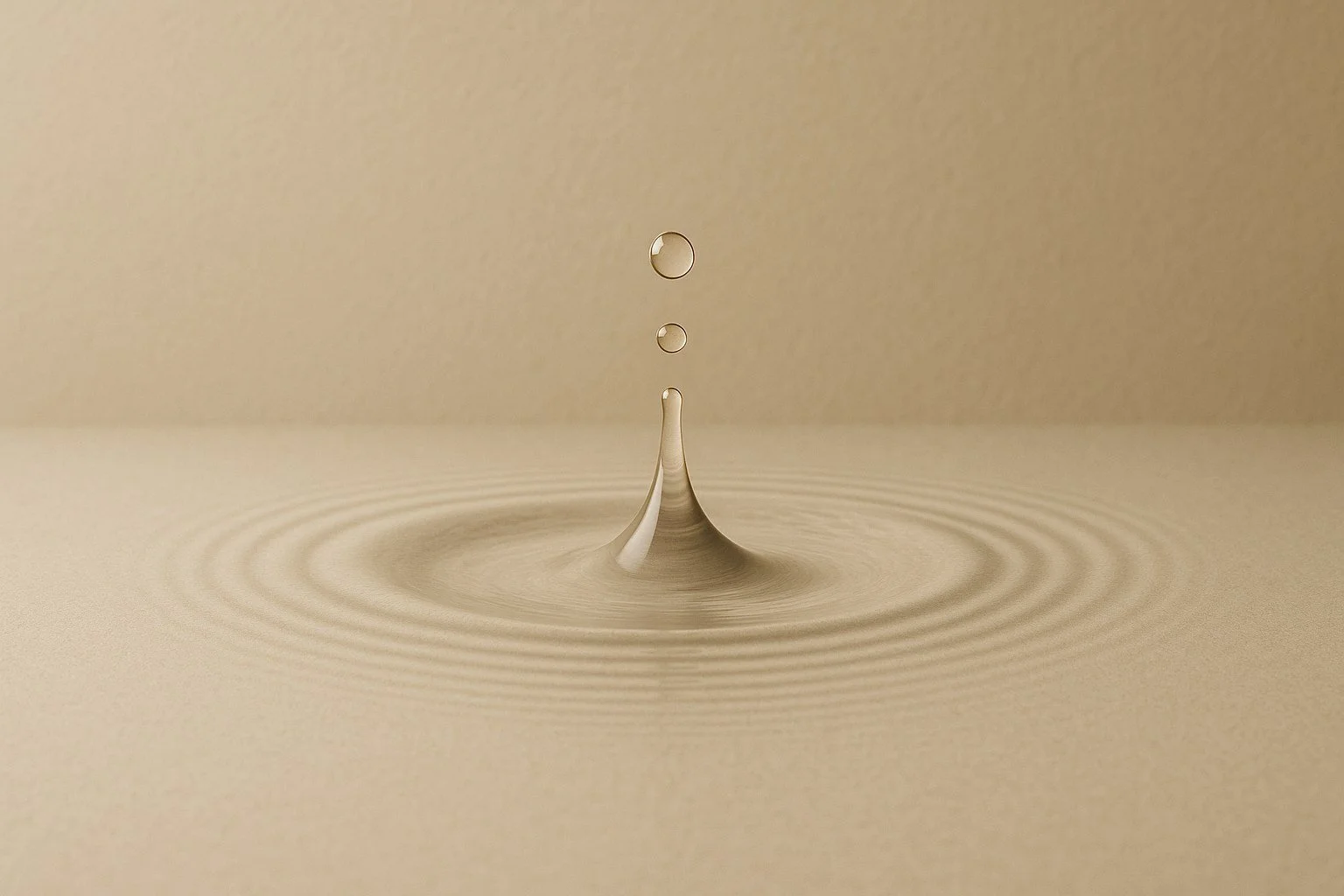 A close-up of a water droplet falling into a calm, beige surface, creating ripples and a splash.