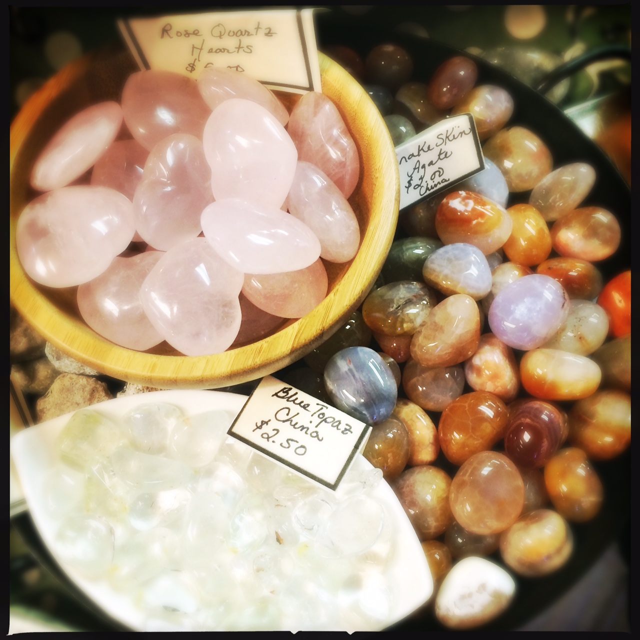 Rose Quartz hearts. Snakeskin Agate. Sparkling Blue Topaz - very icy.