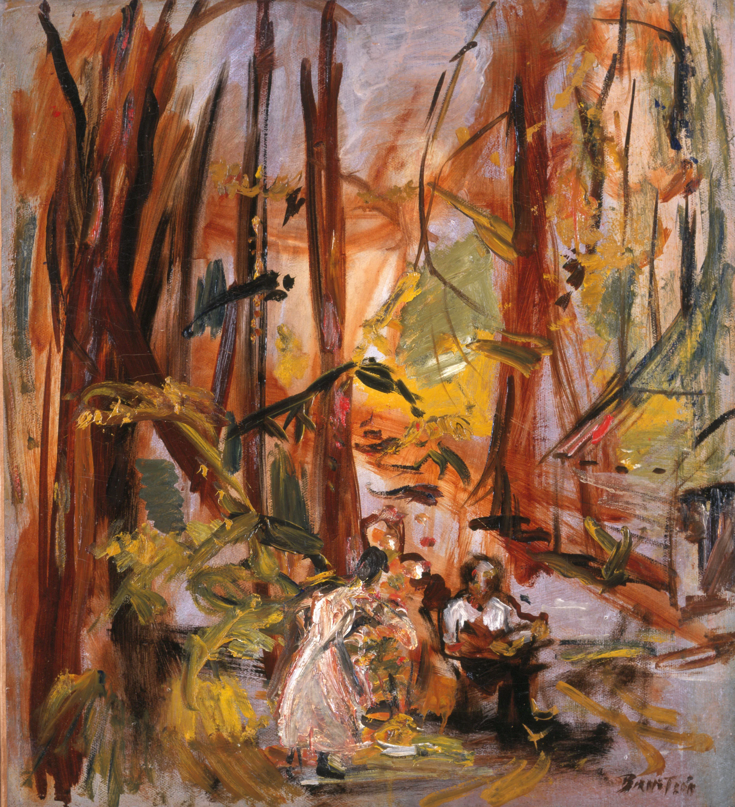 Bill’s Shack , Ridgefield, NJ, 1918, Oil on tarpaulin, 22x20 inches Reproduced in 21st Century: Gail Levin, Theresa Bernstein, A Century in Art, 2013, p. 41. Exhibited 21st Century: City University of NY, the James Gallery Nov. 2013–January 2014; Phillips Museum, Franklin & Marshall College, Lancaster, PA 2014; Endicott College Museum, Beverly, MA; 2014; Woodmere Art Museum, Philadelphia, PA 2014; Boca Raton Museum of Art, Boca Raton, FL 2014–2015.