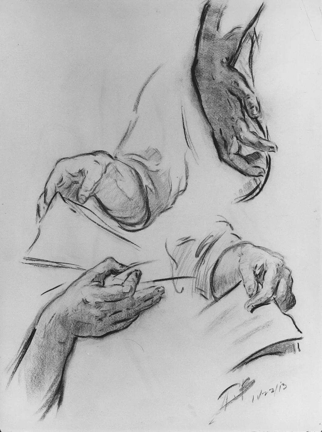 Hands , d. 11/23/13, Charcoal Drawing on paper, 23x17 inches