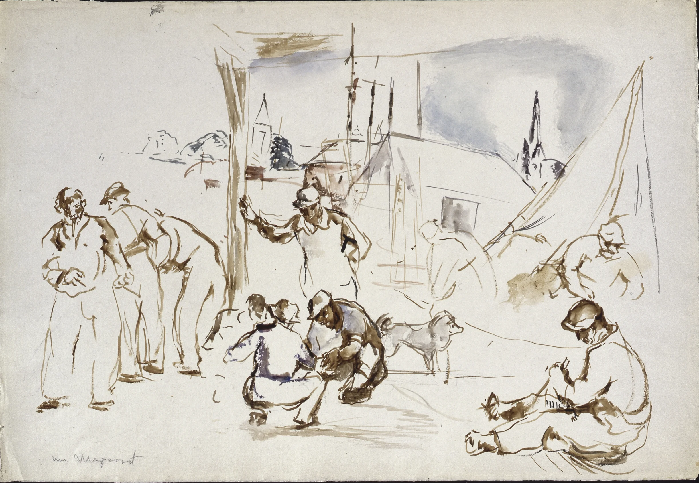 Mending the Nets , 1928, Watercolor, 15 x 22¼ inches