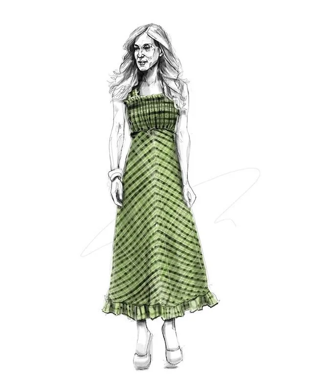 Still checking sources for this preloved @ganni Dress!💚 .
.
.
.
.
.
.
.
.
.
.
.
.
.

#satc #carriebradshaw #ganni #fashionillustration #costumeillustrator #illustration #portrait #digitalsketching #icouldnthelpbutwonder #style #tartandress #pendrawi