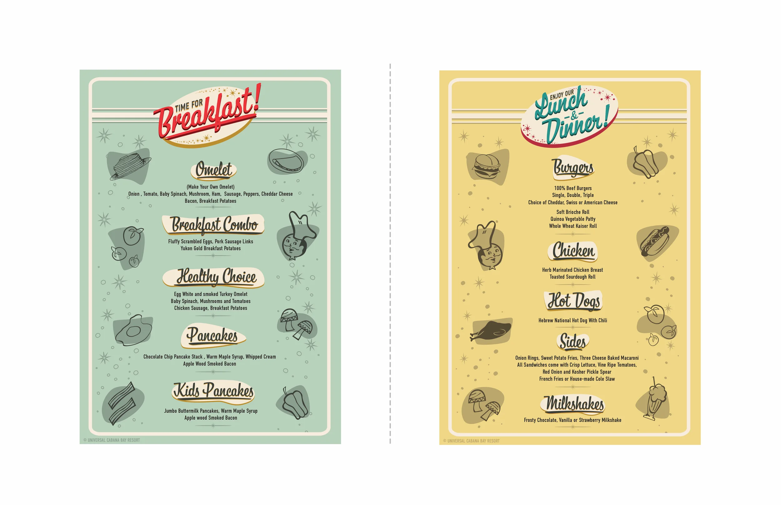 Designs for Breakfast, Lunch and Dinner Menu's focusing on American Classics cuisine