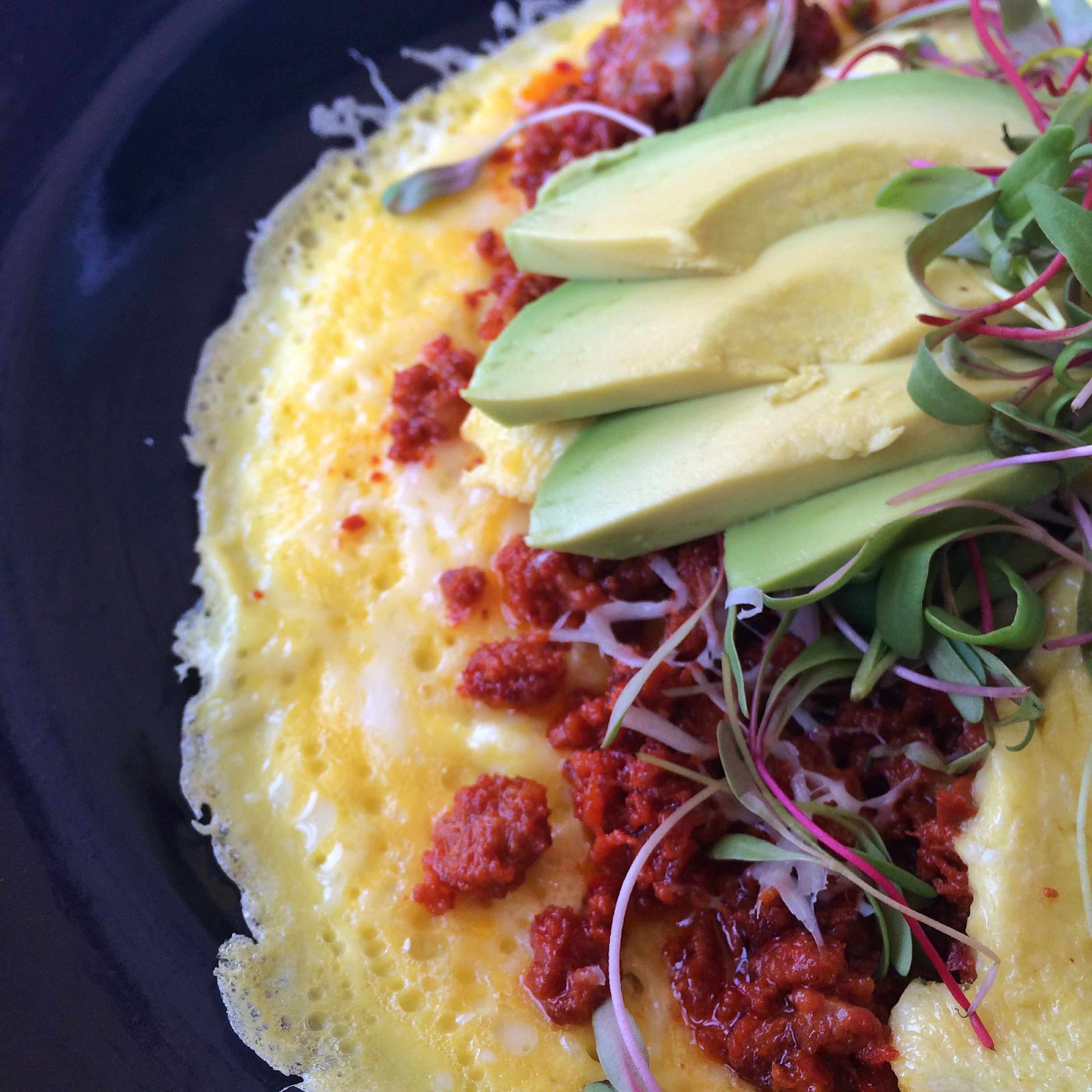 Chorizo Omelette with Avocado and MicroGreens