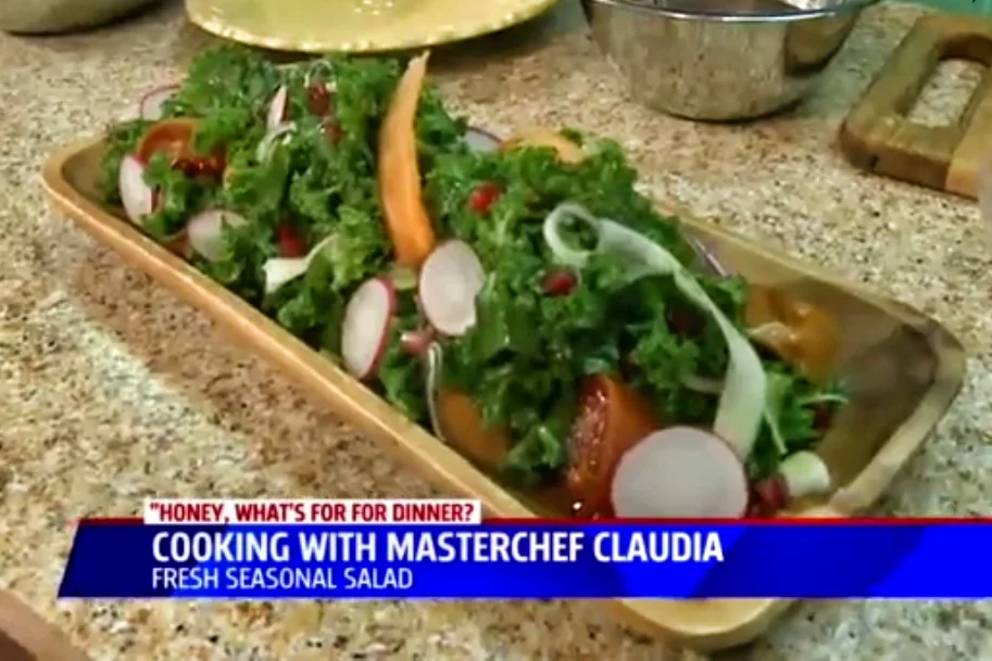 Warm Kale Salad with Roasted Persimmons and a Pomegranate Vinaigrette as seen on FOX 5 San Diego