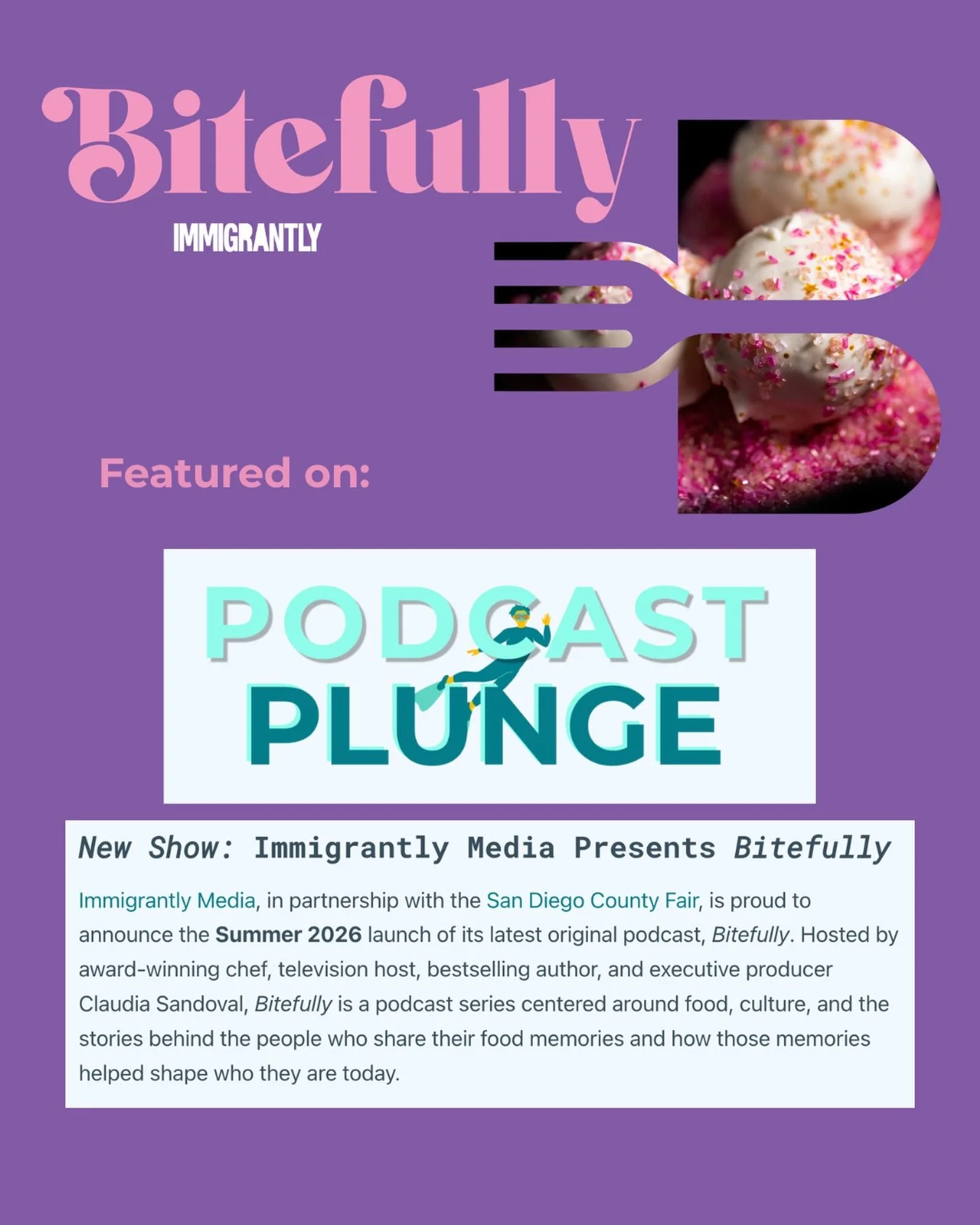 Thank you Podcast Plunge for featuring our upcoming podcast! Only two more days till our first podcast drops! 

Subscribe to @bitefullypod on all Streaming Platforms.