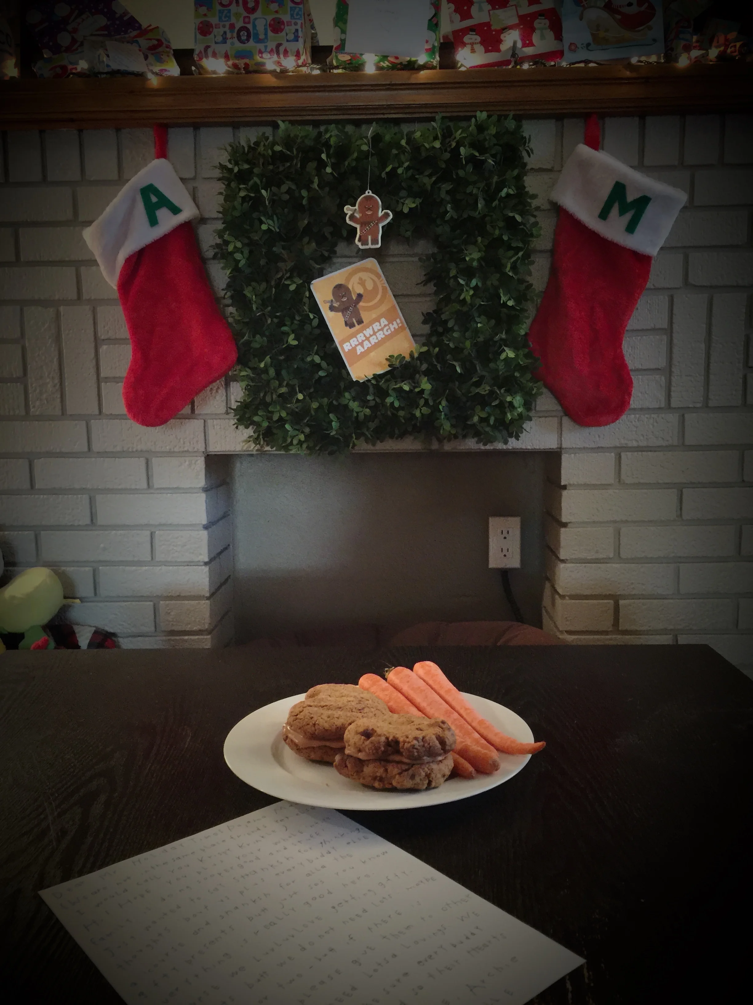 We left some of my bestest Holidaytimes COOKIECAKES plus carrotsticks for the flying deerpeoples PLUS.... I wroted the Pajamaman some sooperspecial wordybits just for him.........