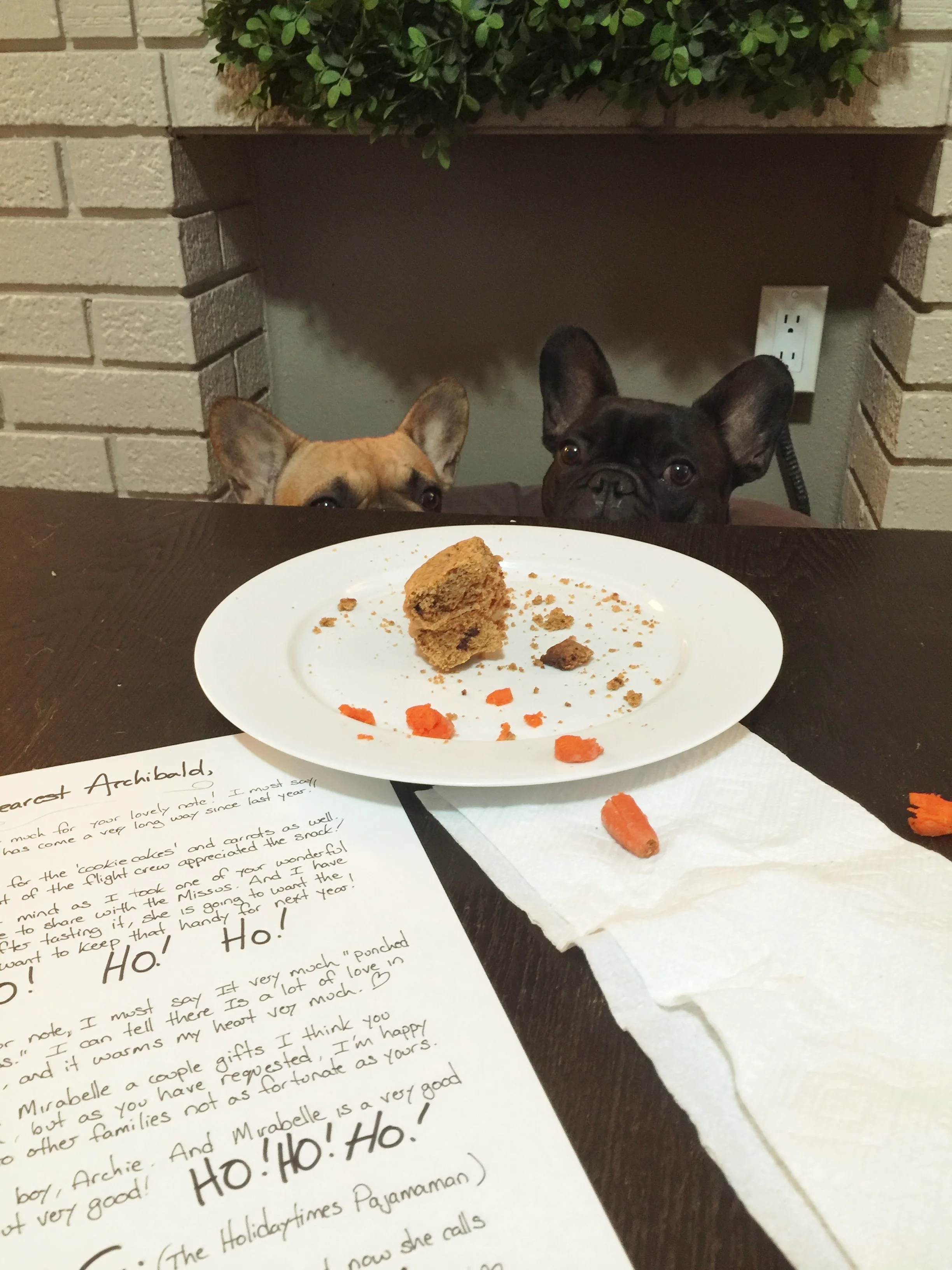 Plus THIS is what was left when we got all wakeywakey yesterdaytimes!! Hee hee!! smile emoticon smile emoticon smile emoticon HE TOTALLY ATED MY COOKIECAKES, GUYS!! PLUS THE DEERPEOPLES ATED OUR CARROTSTICKS TOO!! Butt most 'citing part of alls is HE LEFT US A WORDYNOTE FROM HIMSELF!! Let's read it and stuff, K? K!! .............