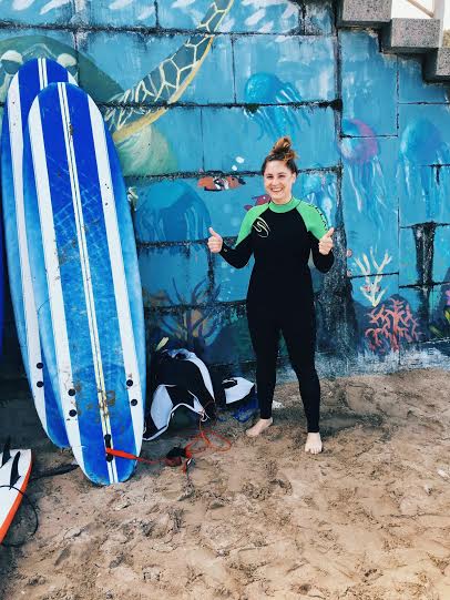 5.22 / 11:45 ante meridiem // Sunday was the day I went surfing! This is right after I put my wetsuit on before my baptism began. Read my blog "My Baptism" for more details! Later that day we went home and ate lunch outside, drank sangria, and played games. That evening Alvaro and I walked to a local bar where he drank a Coke and I drank a beer. Then we came home to eat dinner and watch a football (soccer) match.