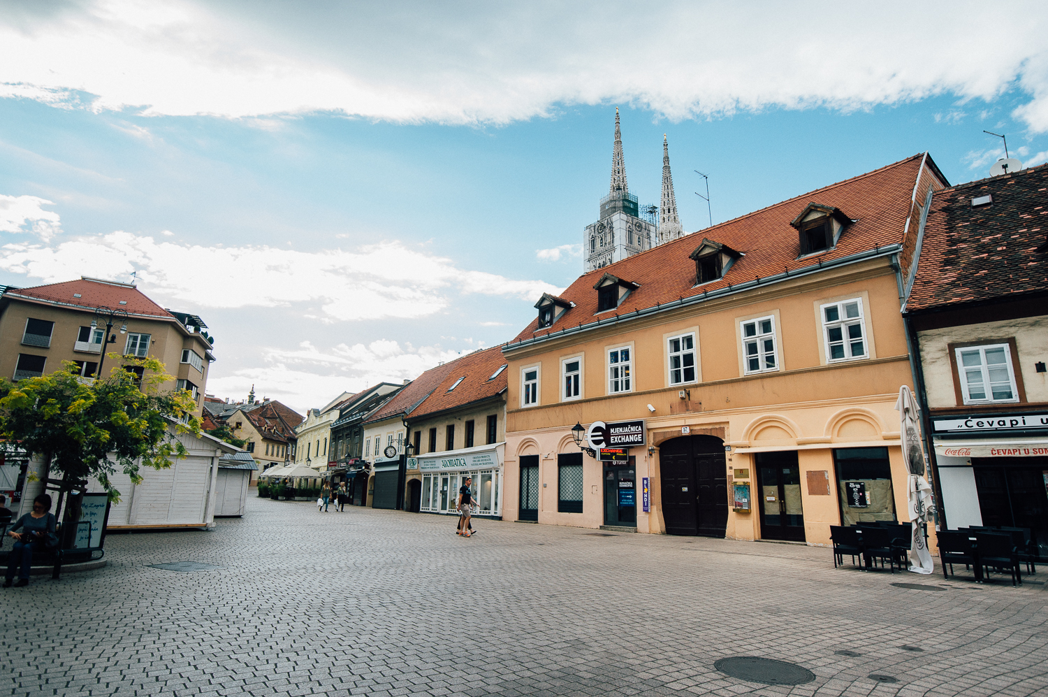 Typical architecture and streets of Zagreb (you can see the tall Cathedral). 