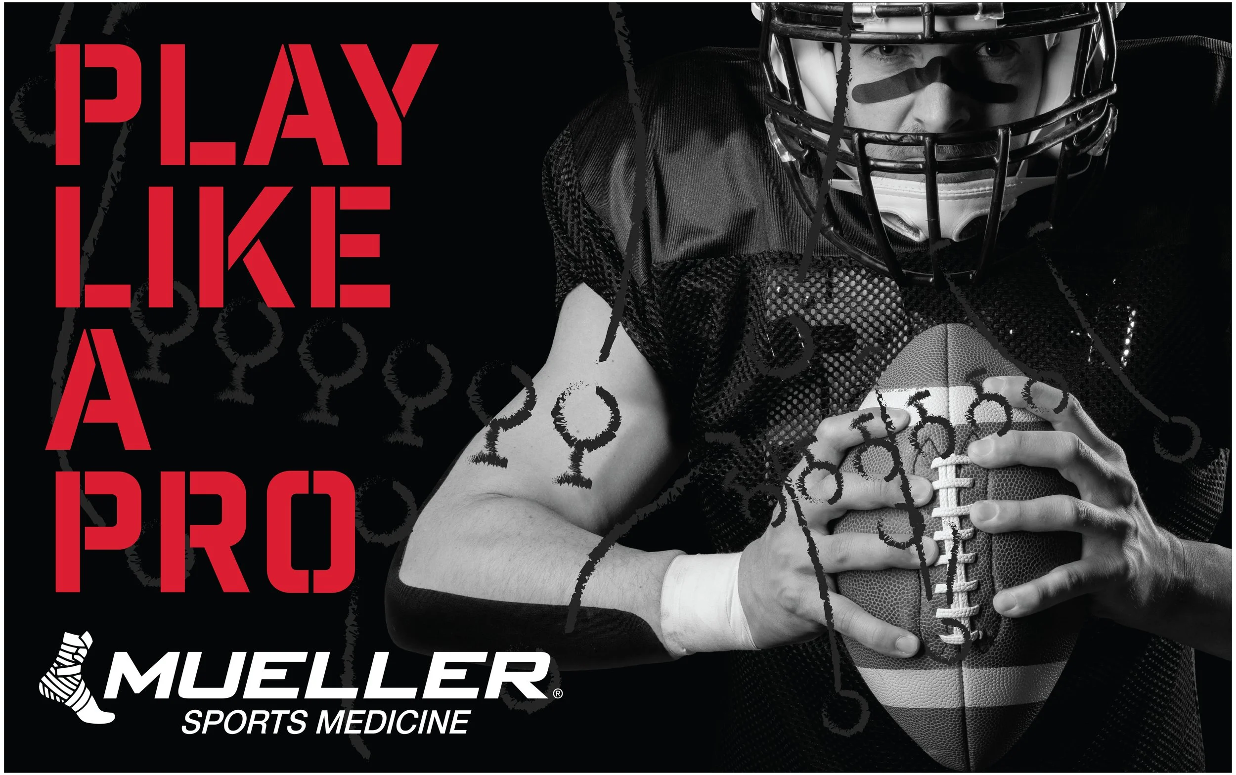 A football player wearing a helmet and black jersey holding a football. The image features text saying "PLAY LIKE A PRO" in red and "MUELLER" in white with a shoe logo, and "SPORTS MEDICINE" underneath.