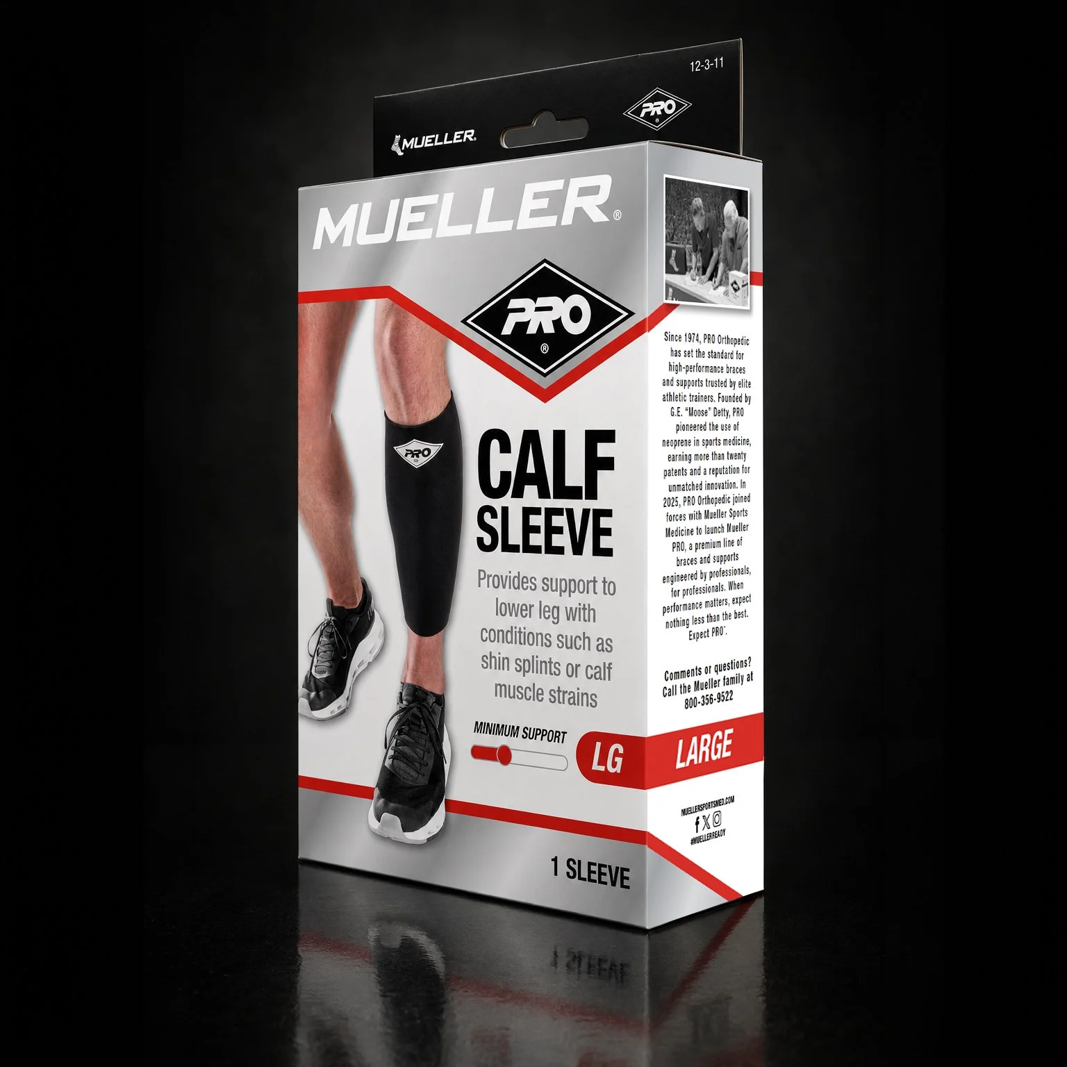 Mueller PRO Calf Sleeve box showing a person wearing a black calf sleeve, with text indicating support for lower leg conditions. The box highlights size large, with a support level shown as high, and includes product information and branding.