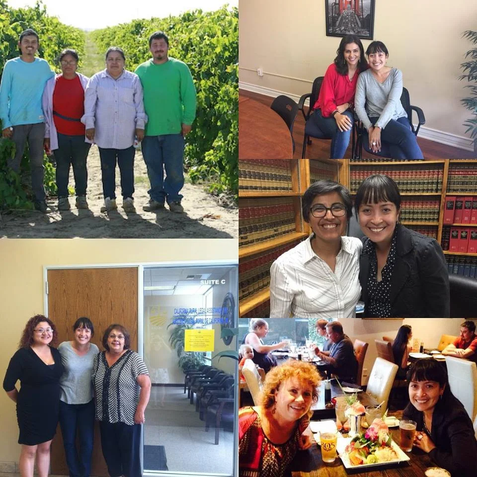 Clockwise from top left: 1) meeting with farmworkers in Lamont, California; 2) with Sahar, one of California Rural Legal Assistance's (CRLA) two Delano attorneys; 3) with CRLA's LGBT Director, Lisa 4) with Carla—my host whom I met through a friend of a friend; 5) with Juanita and Pauline, legal support staff for CRLA in Delano
