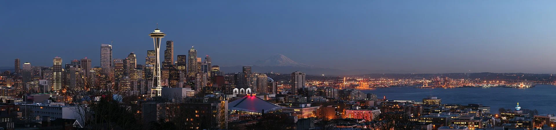 The Seattle skyline with Mount Rainier looming in the background