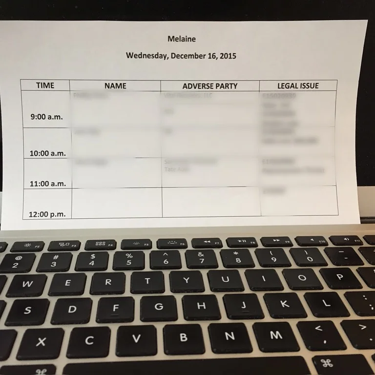 Prepping for the pro se (self-representation) clinic tomorrow—it's gonna be a full day! Looking forward to it. THANK YOU for funding this work so that clients like those listed on this sheet and beyond get legal help.