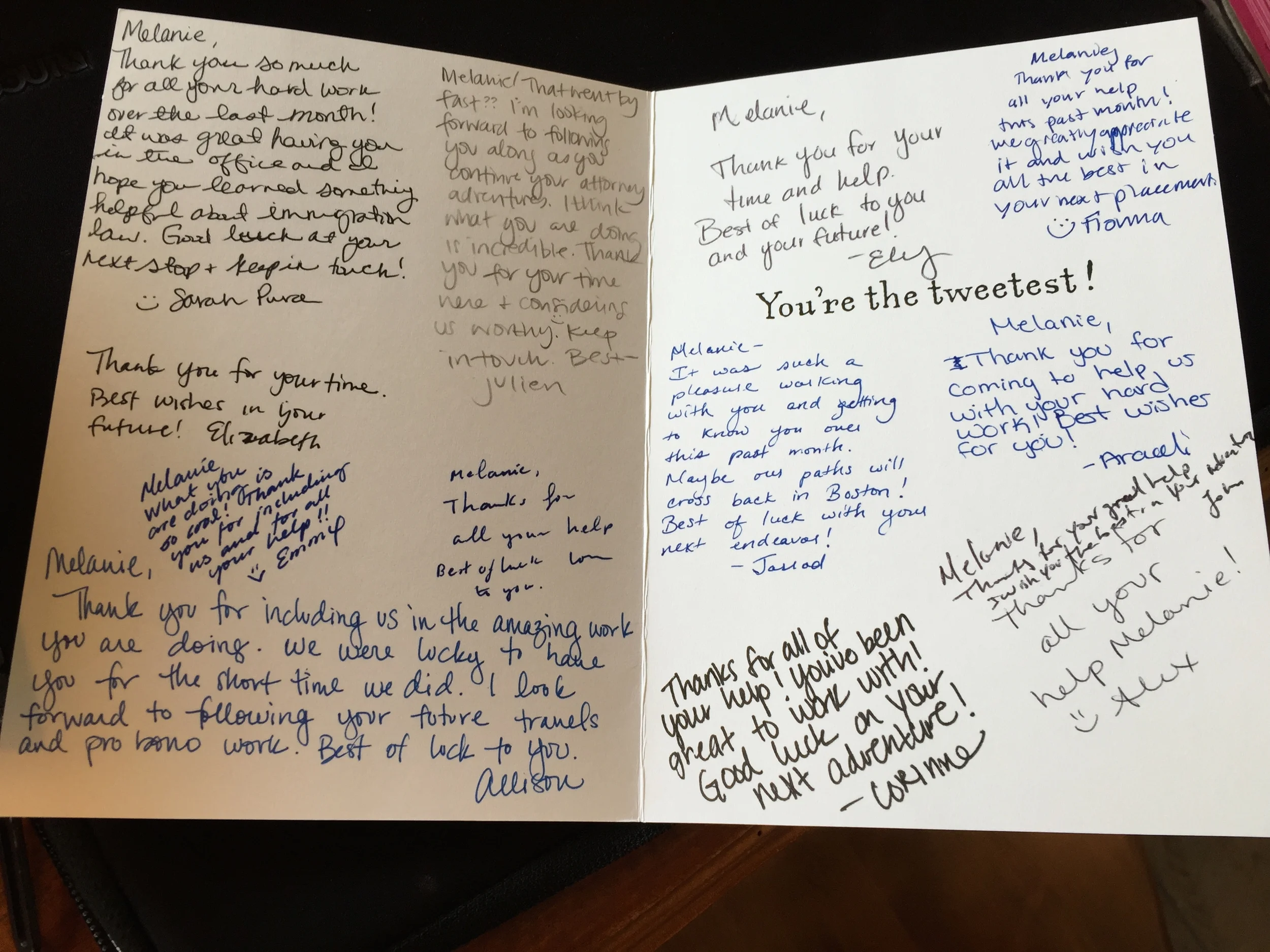 A sweet thank you card from the Immigration Legal Services team in Portland, Oregon