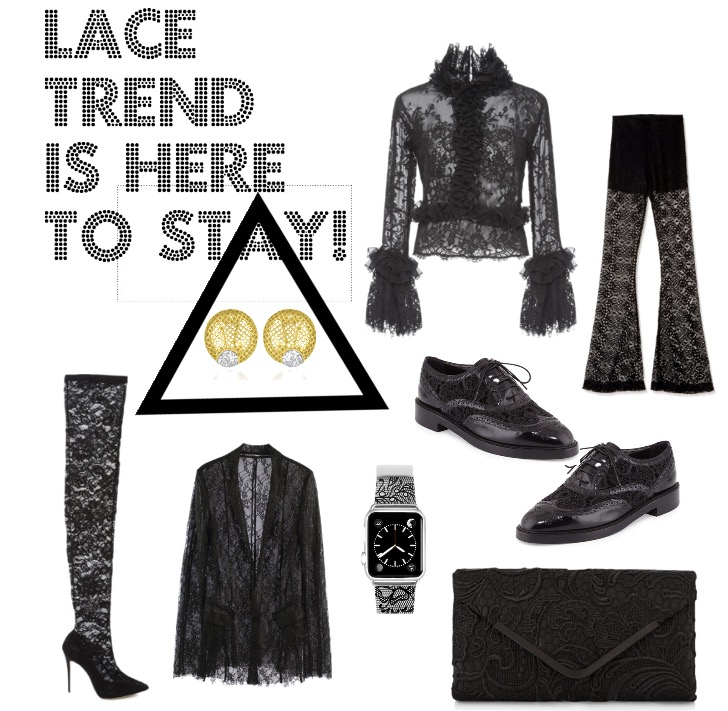 Get into more elements of wearing lace weather on clothes or accessories. Top left Costarello s ruffle lace shirt. Top right Mumu lace bell bottom pants. Bottom left Dolce & Gabbana lace sock boots. Triangle Cubic sterling silver gold plated lace round earrings . Below triangle Sheer lace blazer . Apple night lace watch band . Burberry ginnie lace wing tip oxford . Lace envelope clutch bag .