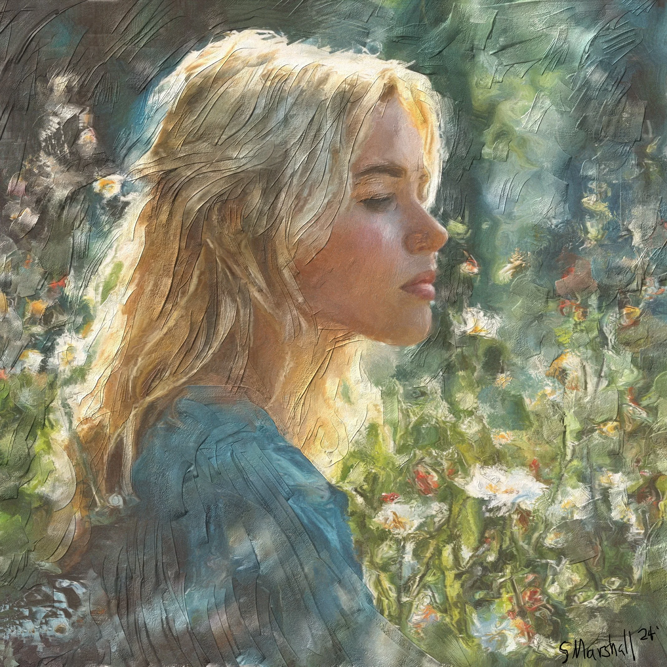 Blonde woman in flowers