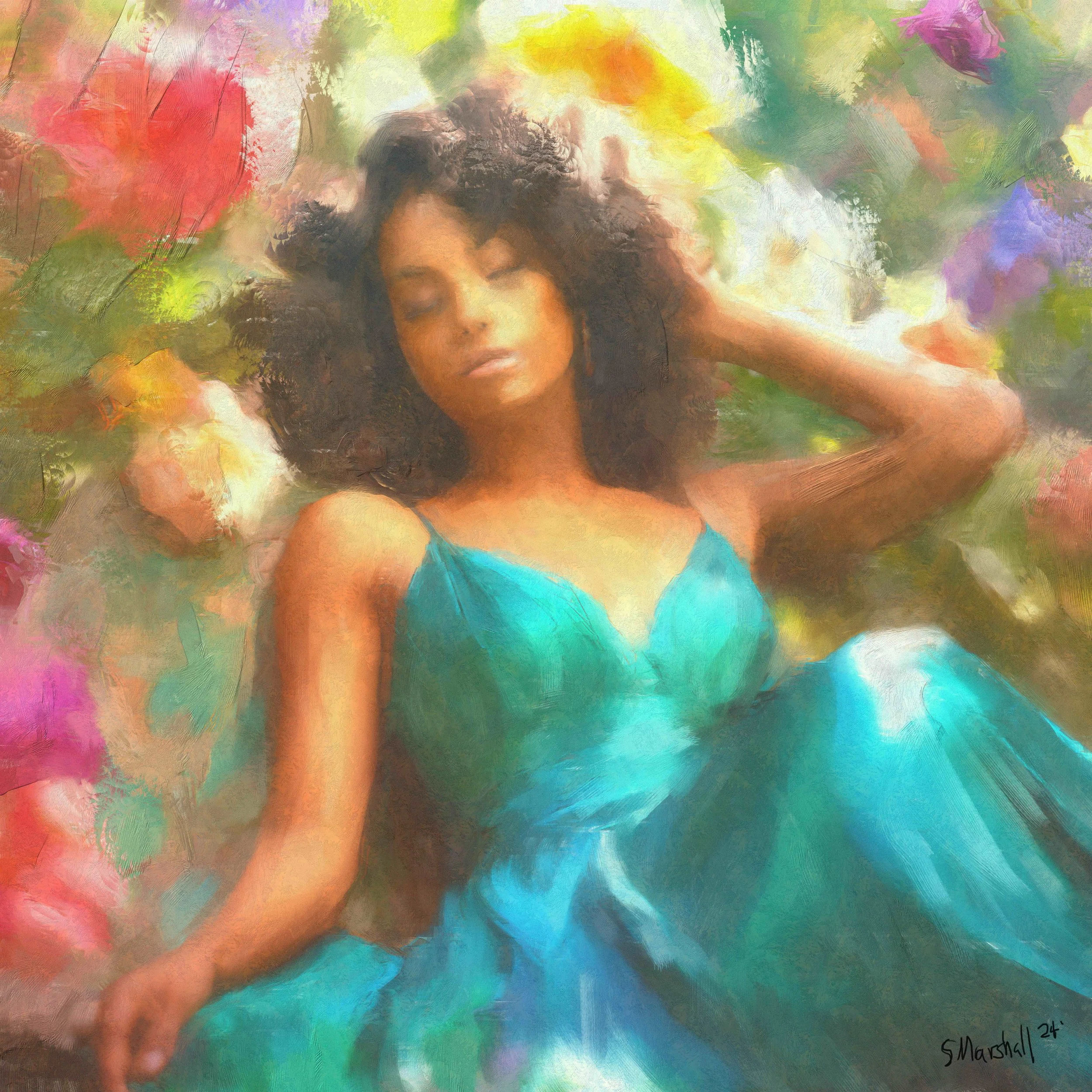 Woman in Teal Dress (flowers series)