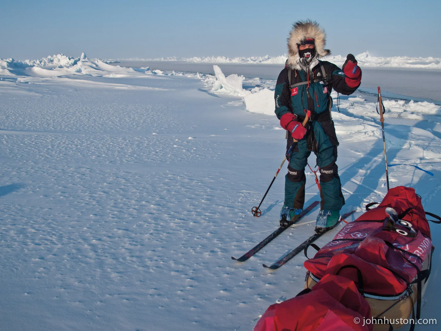 John standing in front of an open water lead on Day 30.