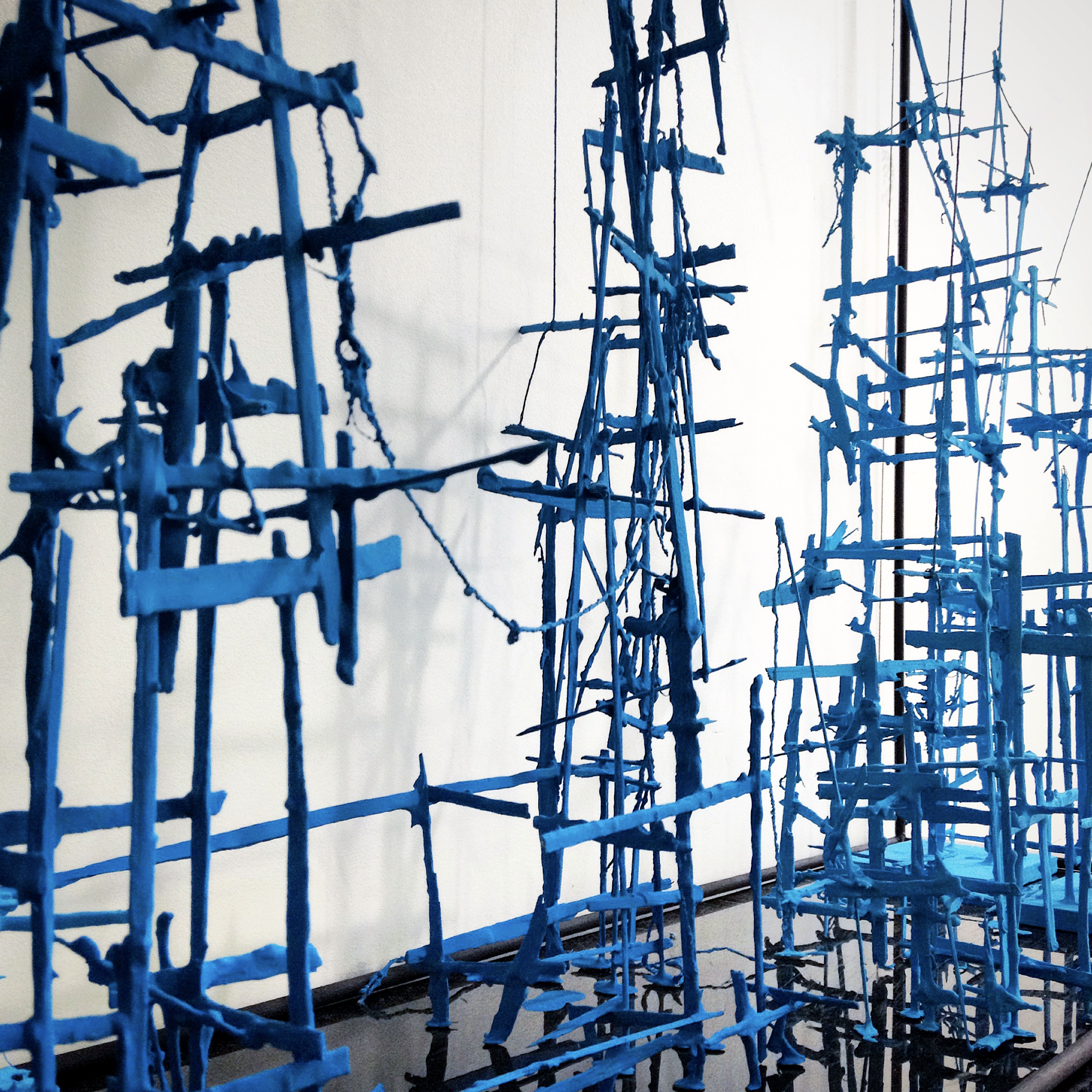 Untitled Construction Vignette (Blue) (Detail) Wood, glue, string, fasteners, plexiglass, on wooden shelf. 36”x36”x12”d 2014