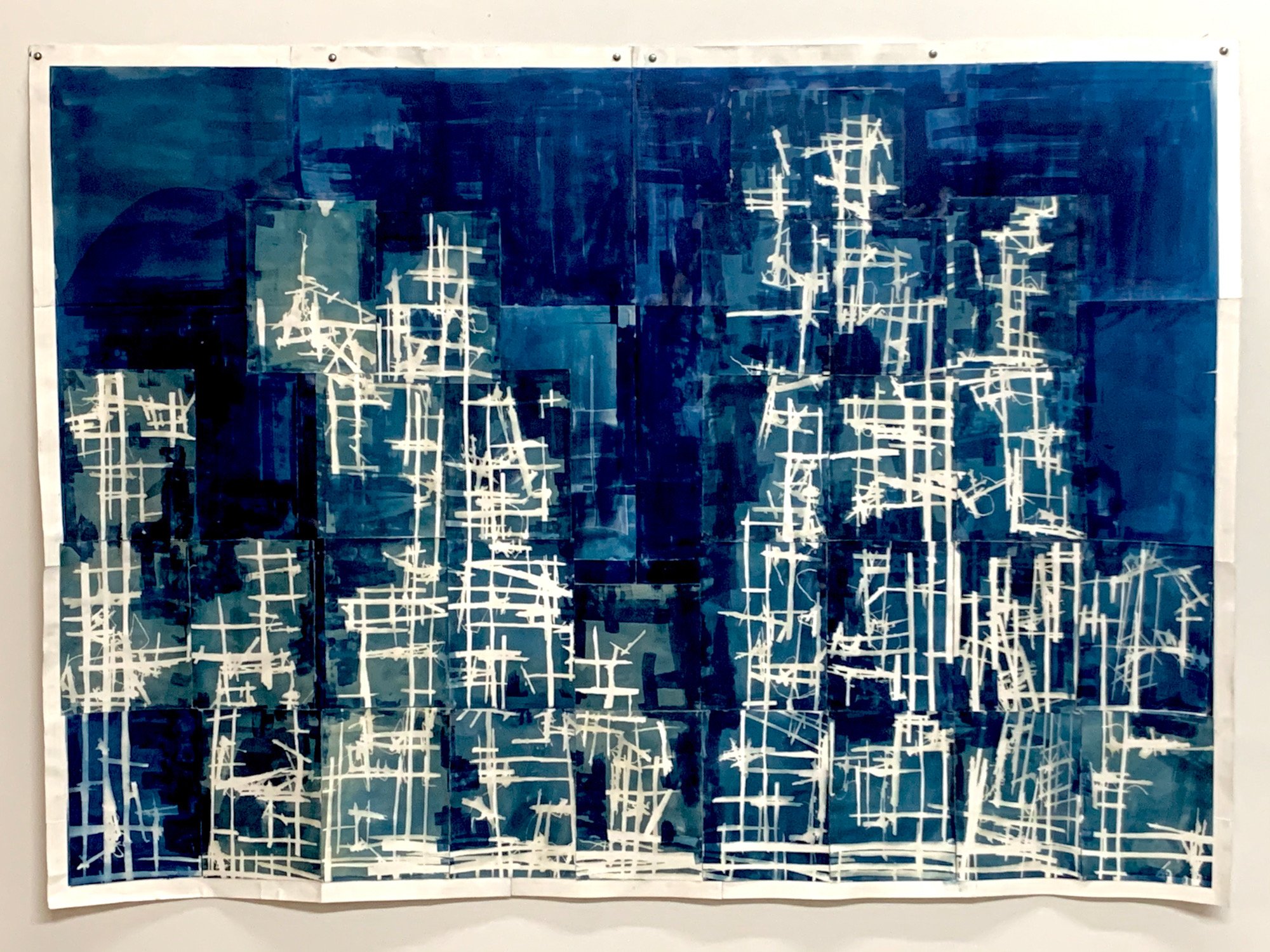   “She’s pretty, and she’s fucking violent.”   Multiple exposure Cyanotype photogram collage on paper.  84” x 60”  2019 