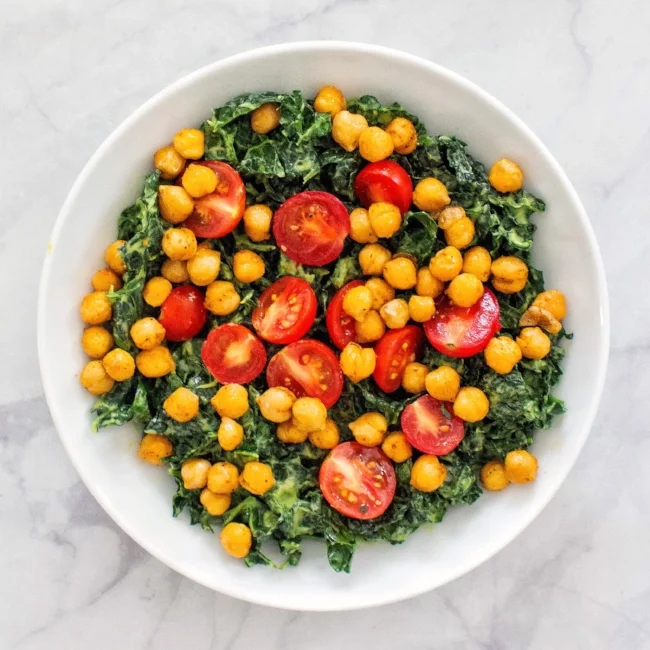 Kale Salad With Roasted Chickpeas and Avocado Basil Vinaigrette
