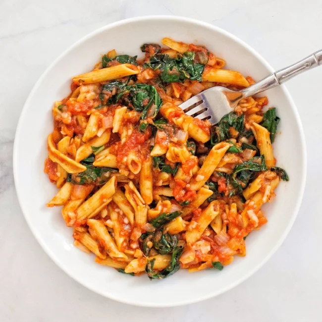 Lentil Penne Marinara with Vegan Mozzarella and Kale