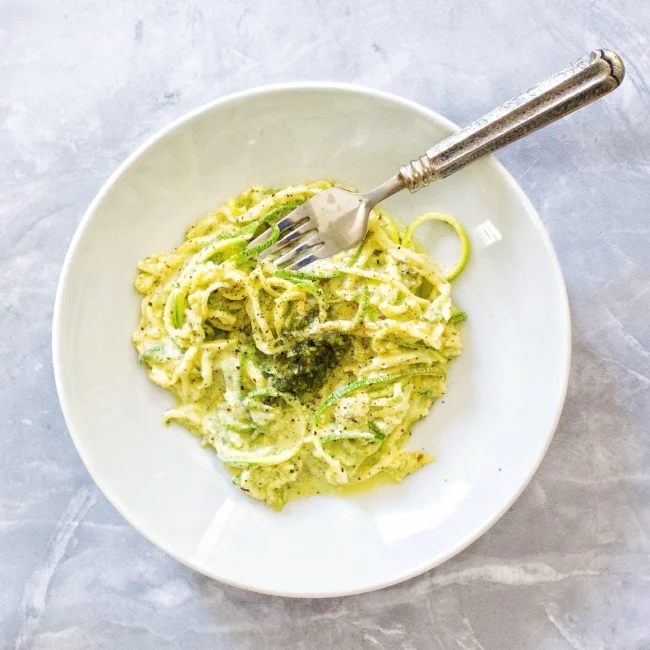 Zoodle Carbonara with Mint Almond Pesto