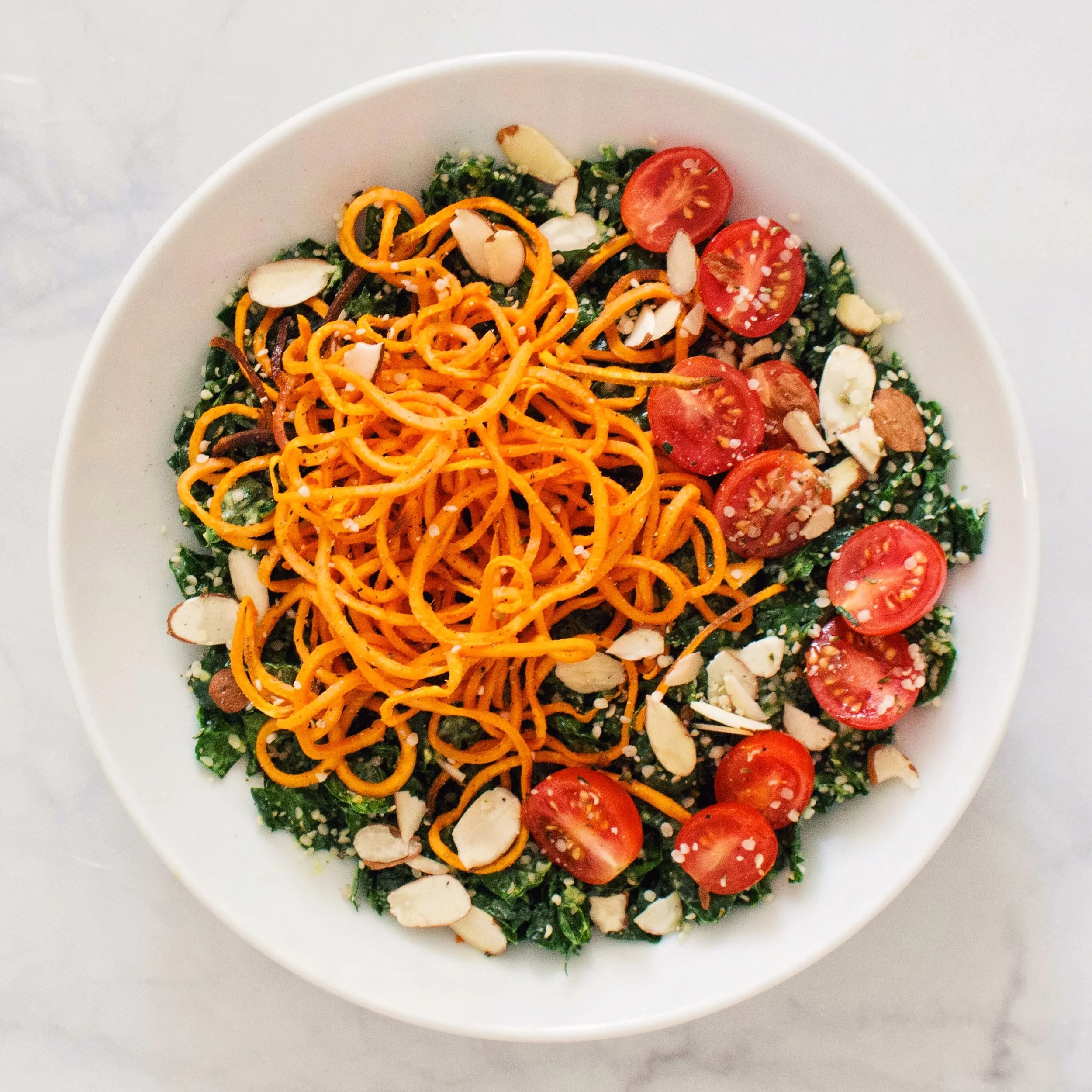 Lemon Avocado Kale Salad with Spiralized Sweet Potatoes