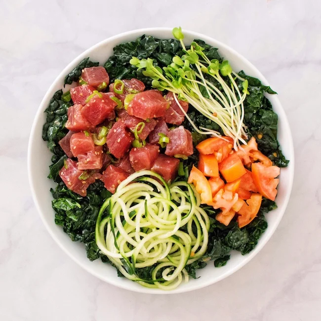 Kale Salad Ahi Poke Bowl With Lemon Miso Dressing