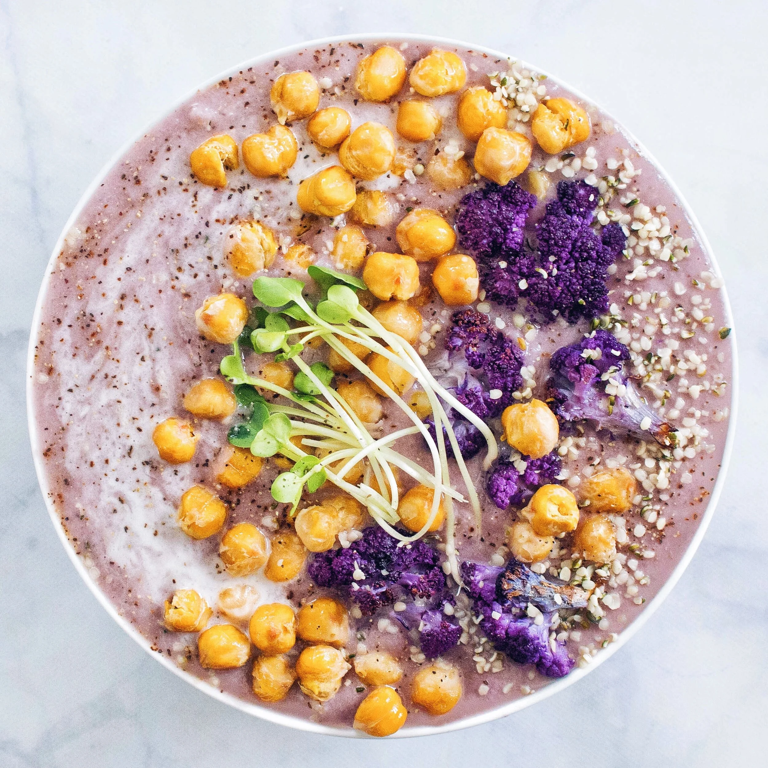 Purple Cauliflower Coconut Soup with Potato, Fennel, and Crispy Chickpeas