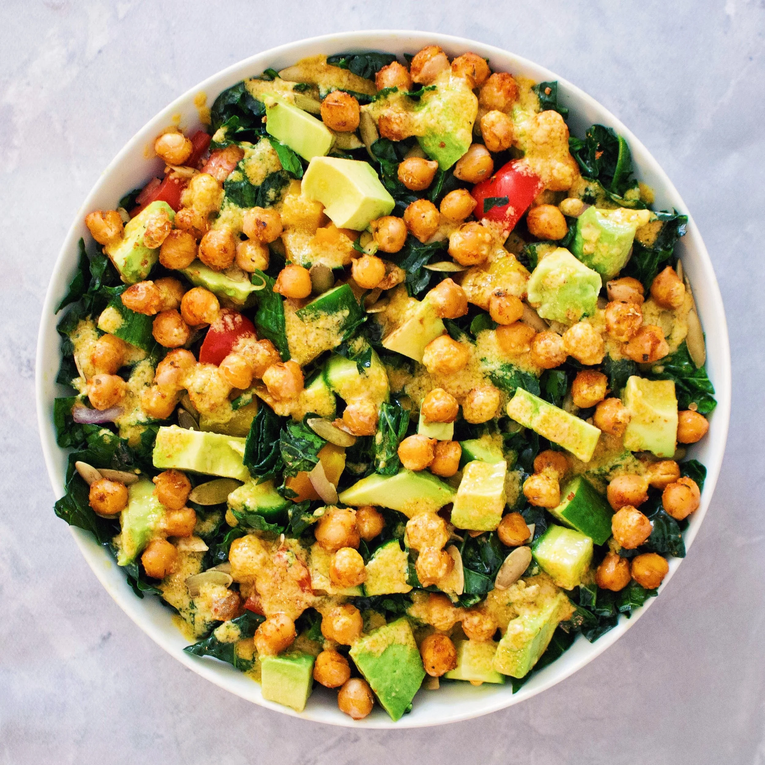 Kale & Crispy Chickpea Salad with Turmeric Tahini Dressing