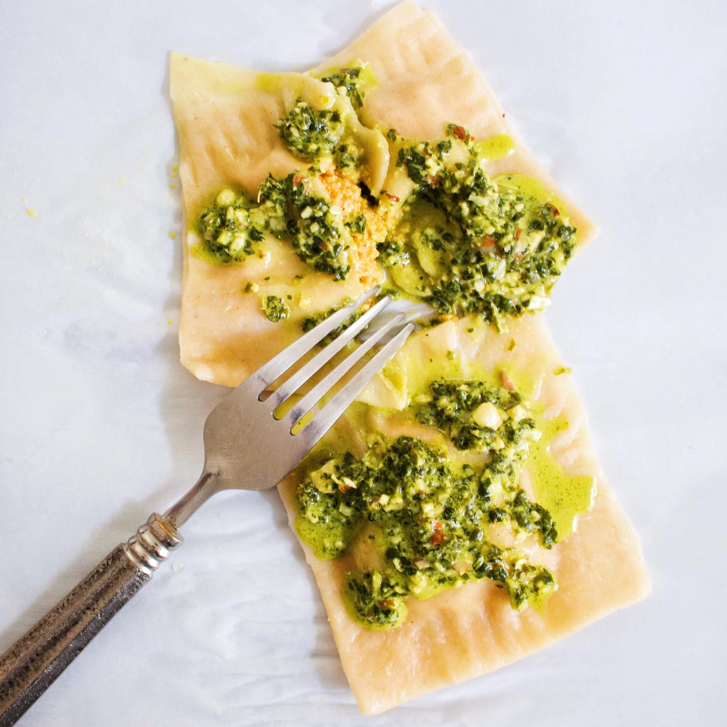 Pumpkin Ravioli with Kale Almond Pesto