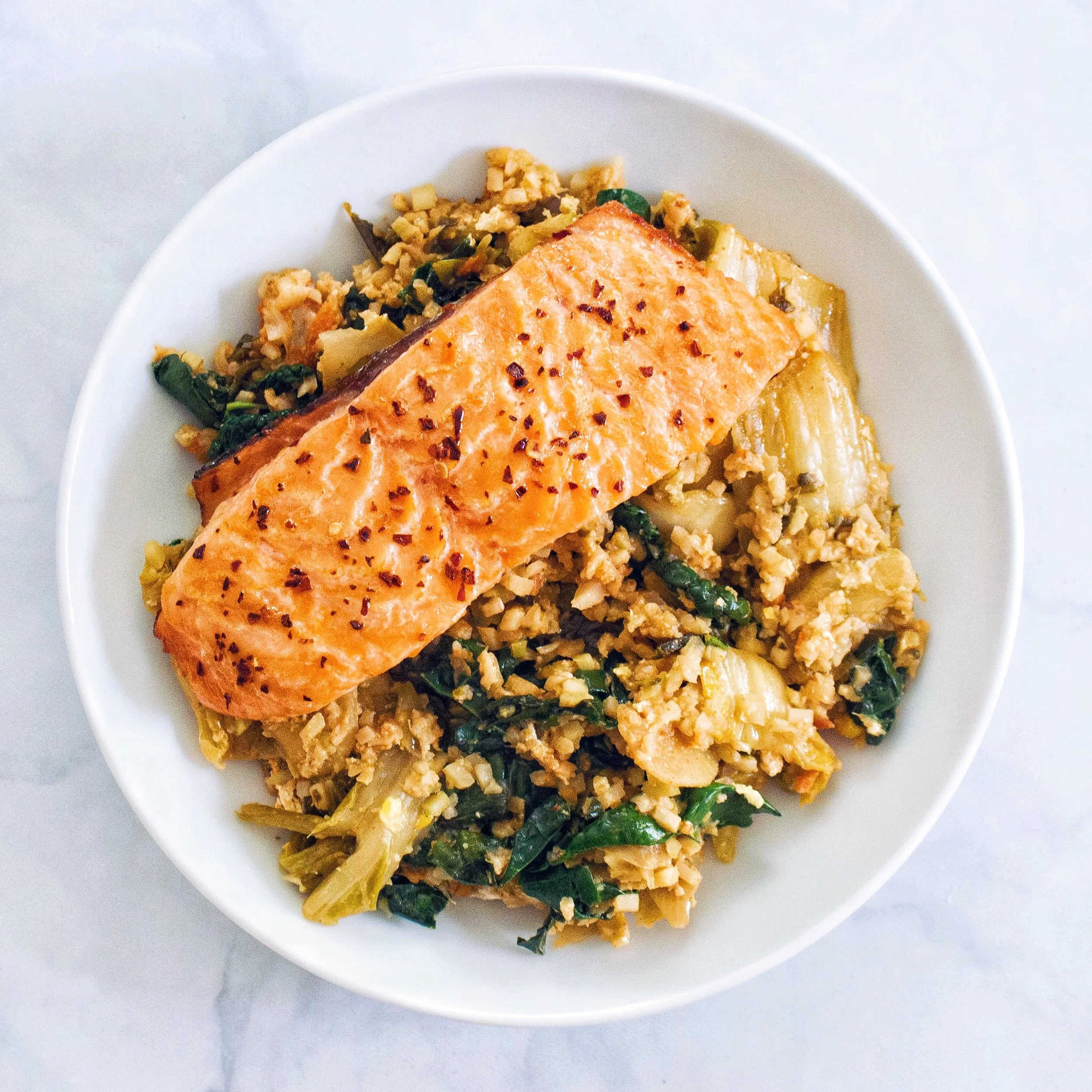 Kimchi Fried Rice With Sesame Chili Salmon