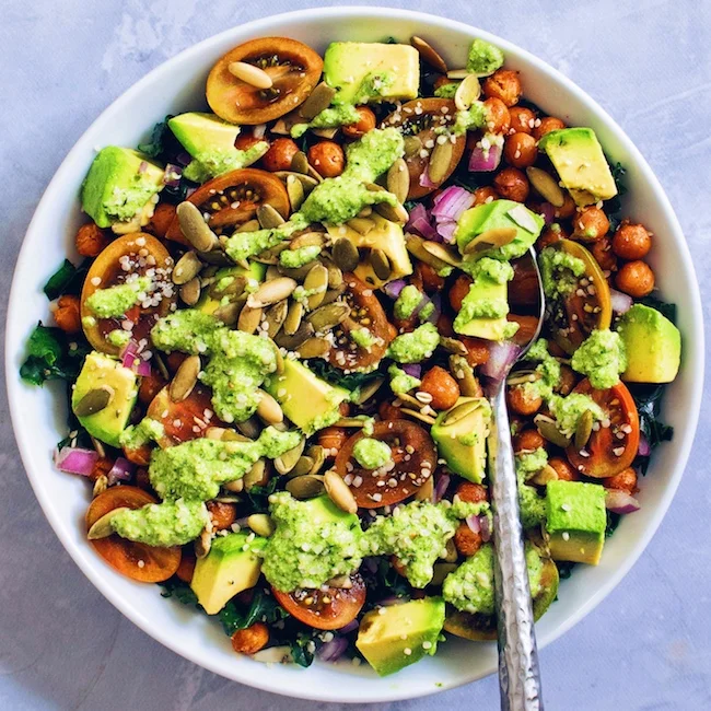 Kale Salad with Crispy Chickpeas, Avocado, and Cilantro Jalapeño Dressing