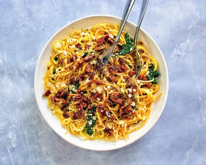 Yellow Squash Carbonara with Pecans and Kale