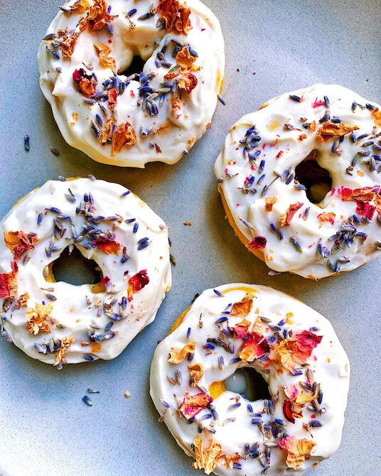 Vanilla Grapefruit Donuts with Lavender Rose Yogurt Frosting